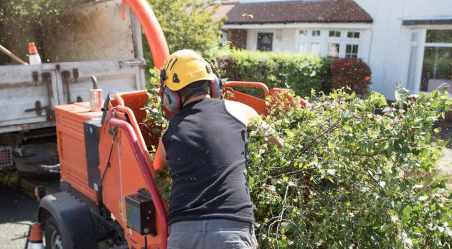 Tree service worker using the wood chipper